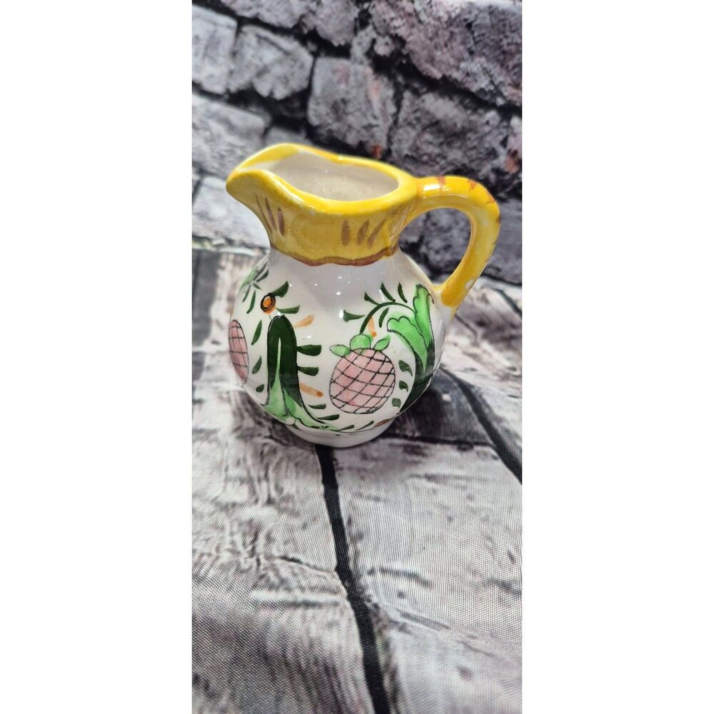 3" Ceramic Mini Pitcher Japan Hand Painted MCM Home Decor Pinapple Tropical EUC